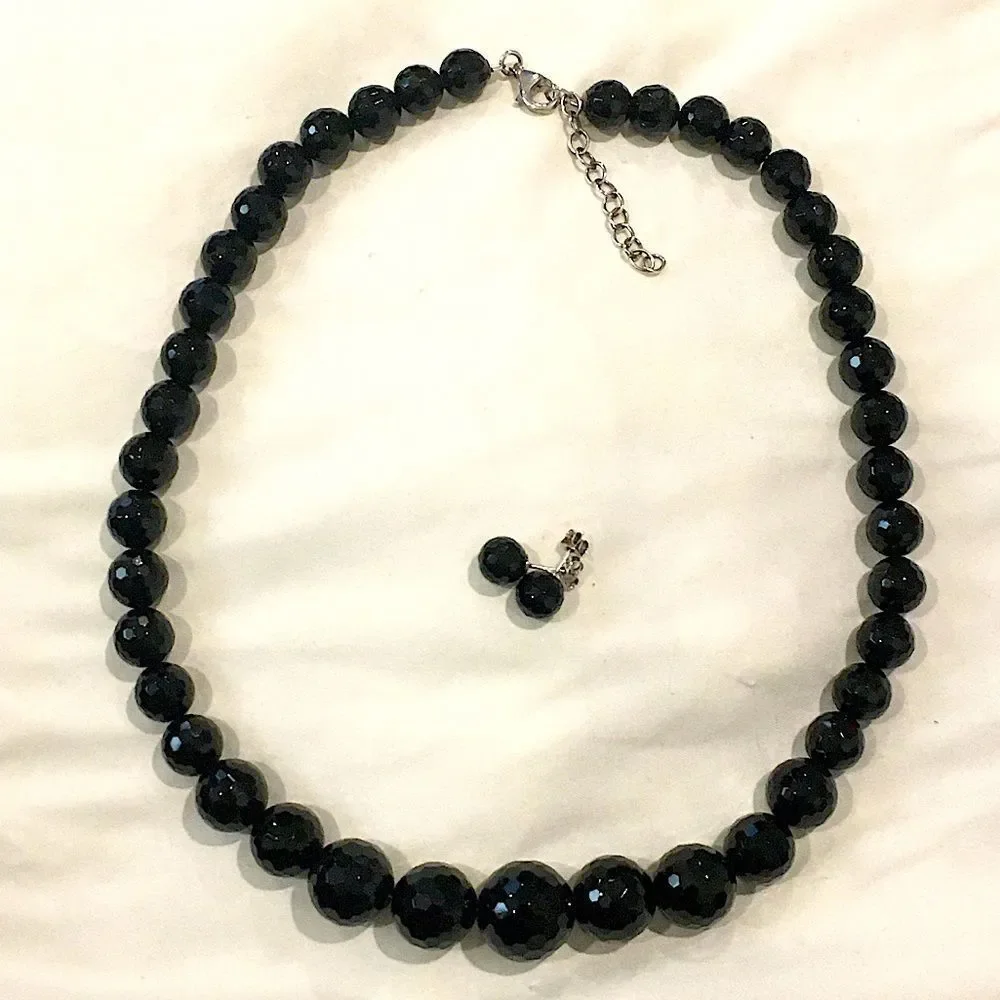 Vintage Black Onyx Faceted Necklace & Faceted Onyx Sterling Silver Earrings Set